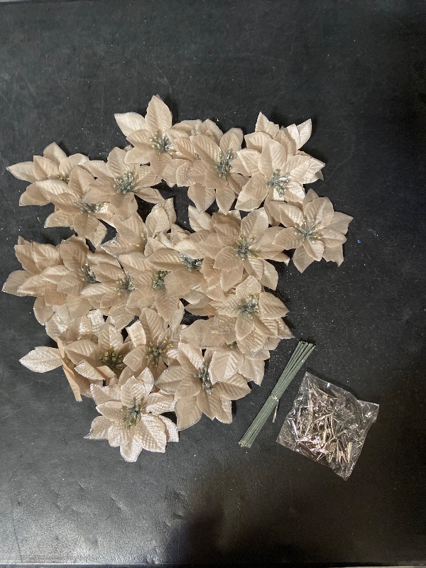 View 3 of  Giga Gud 26pcs Artificial Flowers set champagne-colored glitter poinsettia ornaments designed for holiday decorations, such as Christmas tree ornaments, wreaths, and garlands.