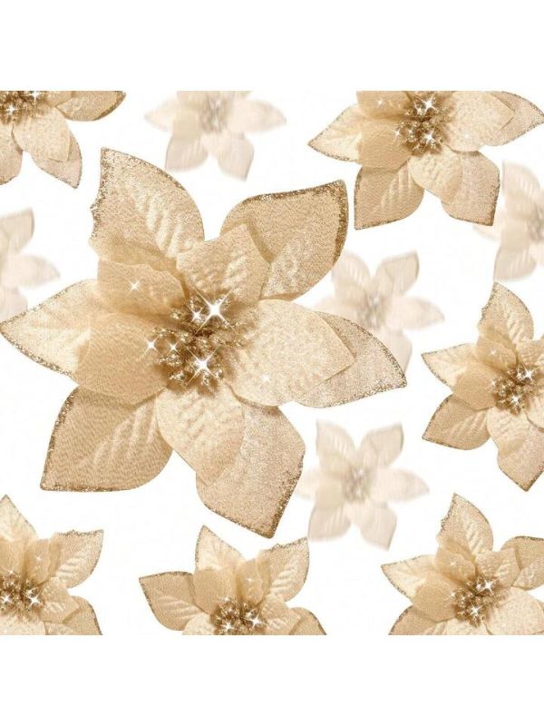 Photo 1 of  Giga Gud 26pcs Artificial Flowers set champagne-colored glitter poinsettia ornaments designed for holiday decorations, such as Christmas tree ornaments, wreaths, and garlands.