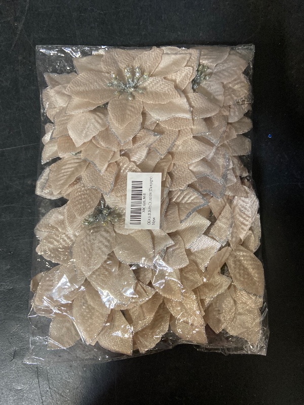 View 5 of  Giga Gud 26pcs Artificial Flowers set champagne-colored glitter poinsettia ornaments designed for holiday decorations, such as Christmas tree ornaments, wreaths, and garlands.