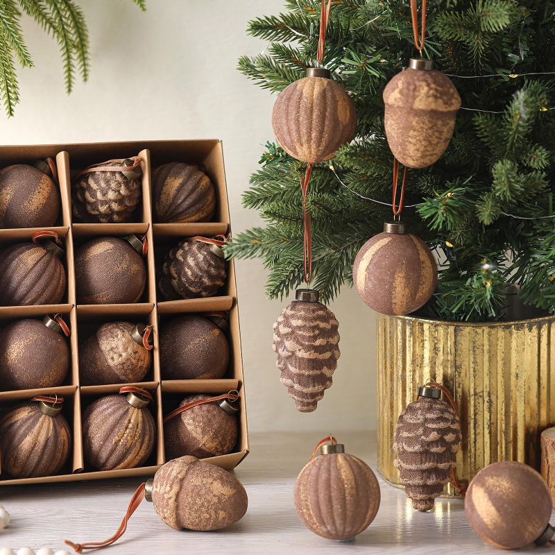 Photo 1 of 20 Pcs Vintage Christmas Ball Ornaments Neutral Textured Christmas Tree Hanging Decorations with Loop Antique Rustic Distressed Ornaments Decor for Home Farmhouse Xmas Party(Brown)