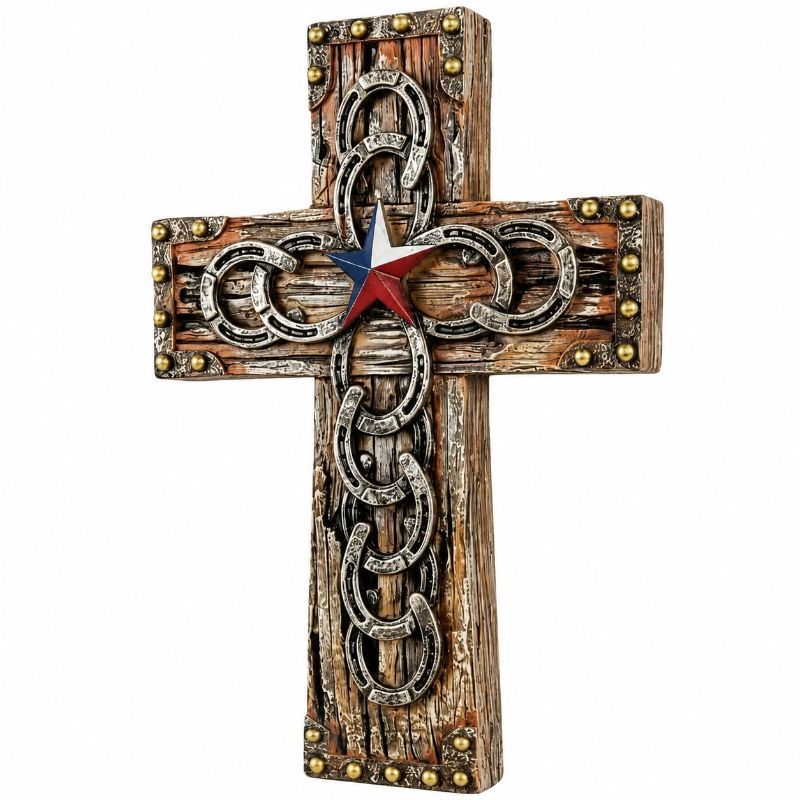 Photo 1 of Comfy Hour Cross for Wall, Decorative Horseshoe Cross Wall Decor with Lone Star Texas Flag, Western Style Wood Look Spiritual Plaque, Artisan Crafted Resin Sculpture, 5.98"L x 0.9"W x 9.7"H, 1 Piece
