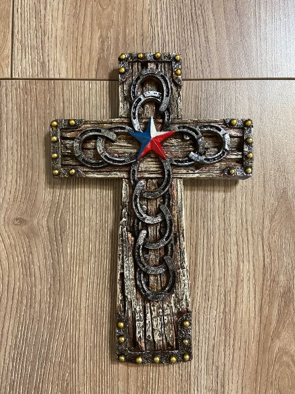 Photo 1 of Comfy Hour Cross for Wall, Decorative Horseshoe Cross Wall Decor with Lone Star Texas Flag, Western Style Wood Look Spiritual Plaque, Artisan Crafted Resin Sculpture, 5.98"L x 0.9"W x 9.7"H, 1 Piece
