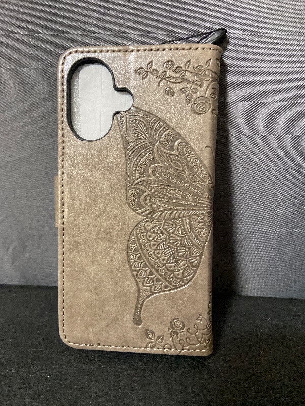 Photo 1 of Crystal Grey Flip Wallet Case for iPhone16 6.1in 3D Bling Butterfly Embossed Folio PU Leather with Magnetic Closure Credit Card Slots Holder/Lanyad Phone Cover for Women