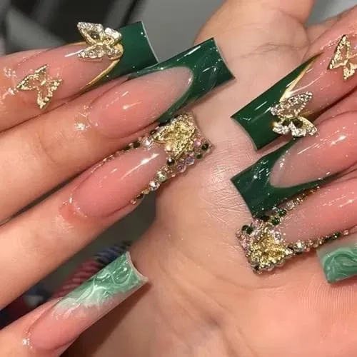 Photo 1 of Green French Tip Press on Nails Long Square False Nails Shiny Diamond Decor - French Press On Nail Tips Gold 3D Butterfly Designs Luxury Press on Sparkly Handmade Reusable Fake Nail for Women