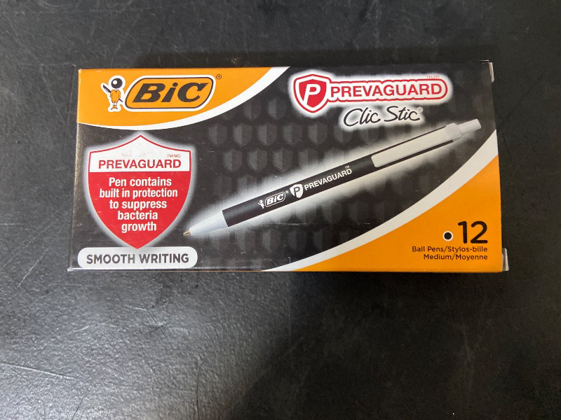 Photo 1 of BIC PrevaGuard Clic Stic Ballpoint Pens, Built-in Bacteria Growth Suppression, Medium Point (1.0mm), Black ink, 12-Count Pack