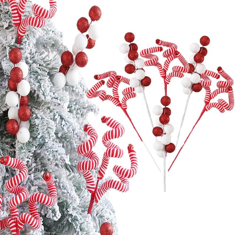 Photo 1 of 15 Pcs Christmas Tree Picks Set, Red White Woolen Sticks Sequins Ball Picks Pendants for Christmas Tree Wedding Birthday Baby Shower Party Supplies New Year Home Office Party Hanging Sterms Ornaments