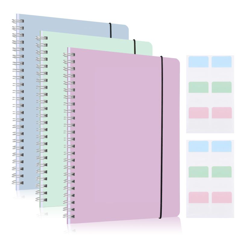 Photo 1 of 3 Pcs Spiral Notebook 5.9x8.3, 140 Pages Small Notebook for Women A5 College Ruled Journals Cute Notebooks with Large Pockets and Index Stickers for Home School Office Use Purple, Green, Blue