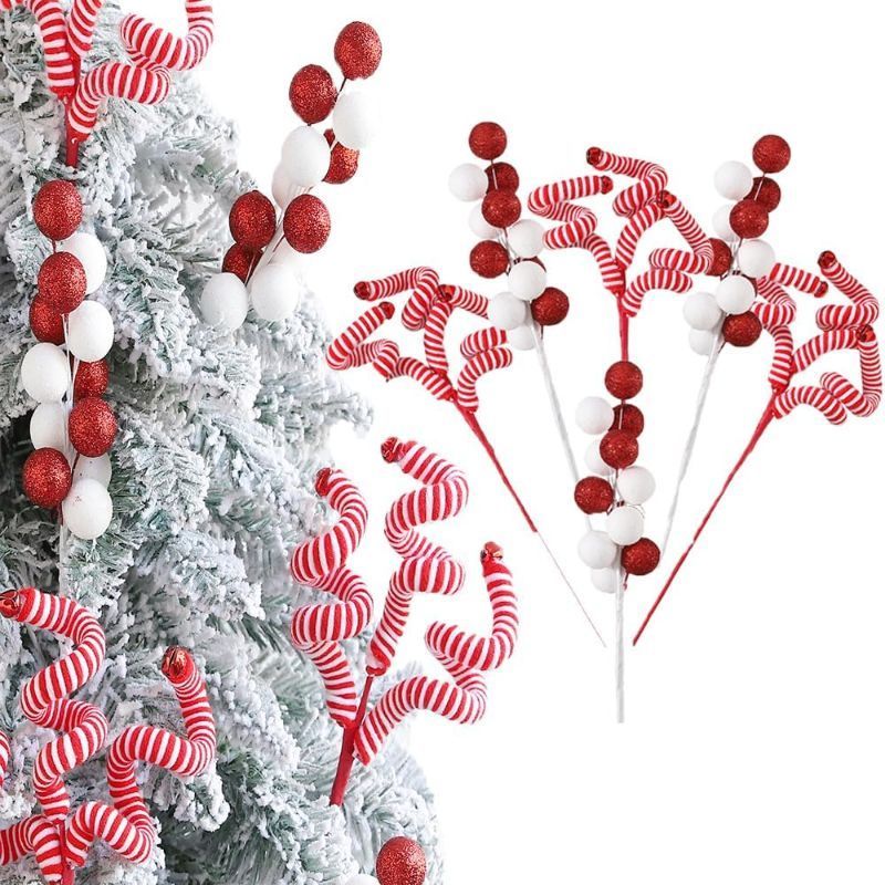 Photo 1 of 15 Pcs Christmas Tree Picks Set, Red White Woolen Sticks Sequins Ball Picks Pendants for Christmas Tree Wedding Birthday Baby Shower Party Supplies New Year Home Office Party Hanging Sterms Ornaments
