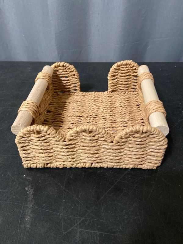 View 4 of CubesLand Scalloped Napkin Holder for Table, Farmhouse Warming Home Kitchen Decor, Paper Rope Flat Napkin Dispenser Guest Towel Tray for Bathroom, Disposable Napkin Basket for Dining Table, Neutral