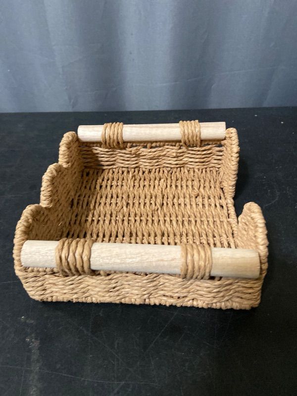 View 3 of CubesLand Scalloped Napkin Holder for Table, Farmhouse Warming Home Kitchen Decor, Paper Rope Flat Napkin Dispenser Guest Towel Tray for Bathroom, Disposable Napkin Basket for Dining Table, Neutral