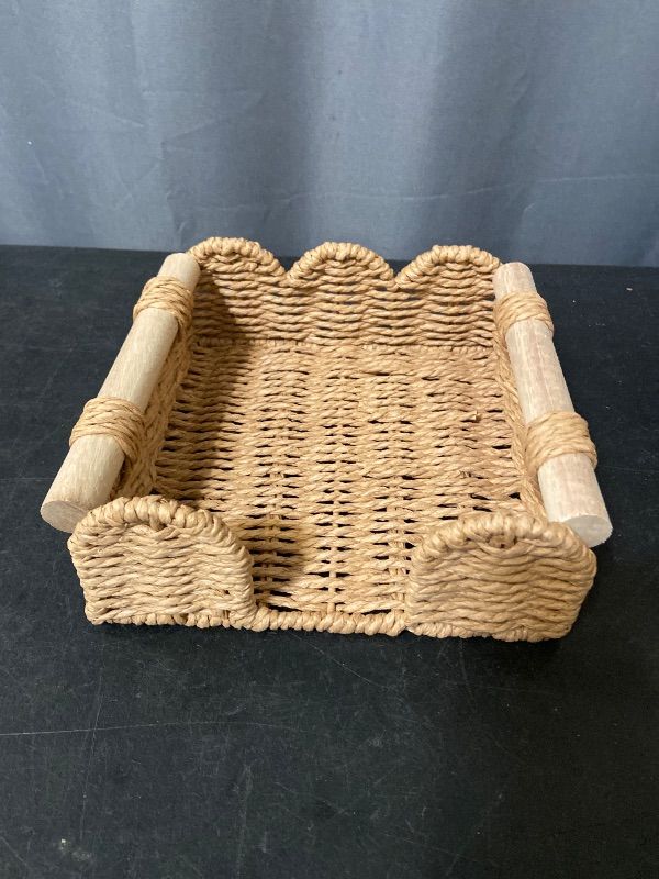 View 2 of CubesLand Scalloped Napkin Holder for Table, Farmhouse Warming Home Kitchen Decor, Paper Rope Flat Napkin Dispenser Guest Towel Tray for Bathroom, Disposable Napkin Basket for Dining Table, Neutral