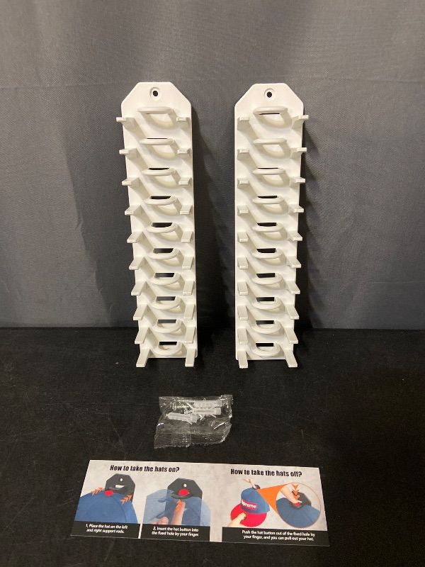 Photo 1 of Hat Organizer for Baseball Caps, 2 Pack Hat Rack for Wall, Wall Mounted Adhesive Cap Rack, Hat Holder Hanger Hold Up to 20 Cap, Baseball Hat Storage Organizer for Door, Closet, Bedroom (White)