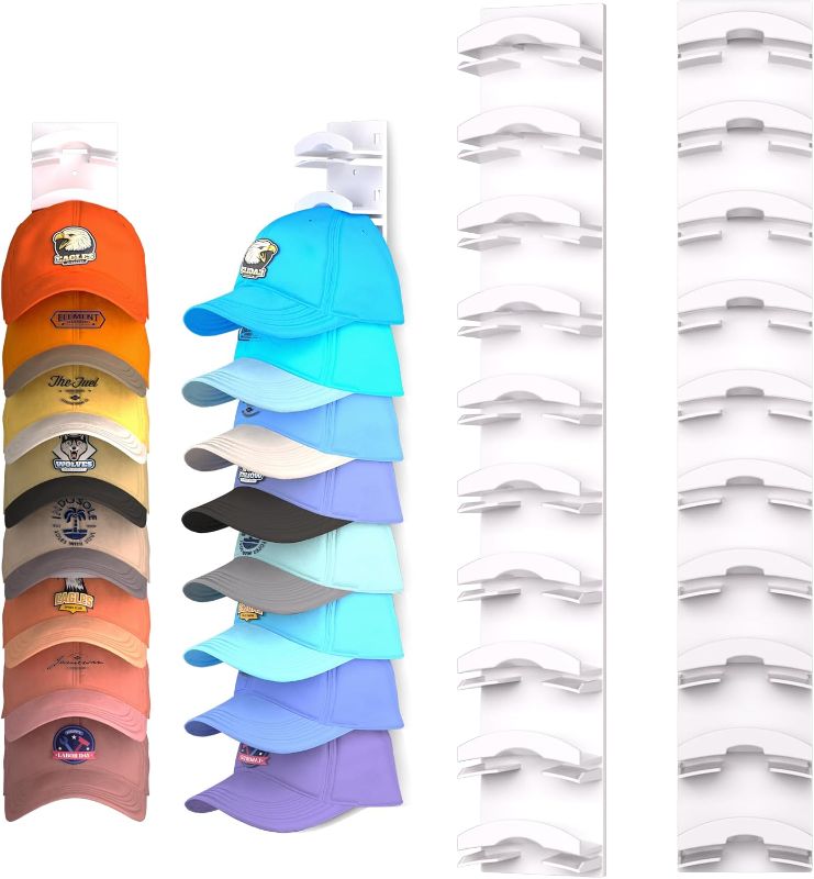 Photo 1 of Hat Organizer for Baseball Caps, 2 Pack Hat Rack for Wall, Wall Mounted Adhesive Cap Rack, Hat Holder Hanger Hold Up to 20 Cap, Baseball Hat Storage Organizer for Door, Closet, Bedroom (White)