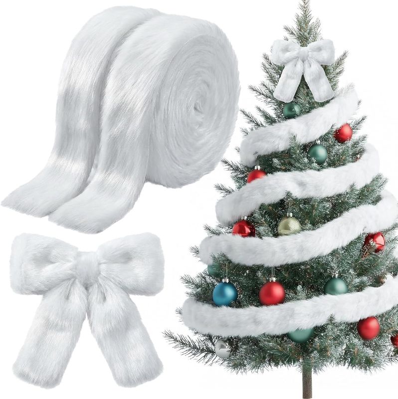 Photo 1 of 22 Yard White Faux Fur Fabric Ribbon Trim for Christmas Tree Garland Decor, Holiday Party Decor, DIY Craft, Costume, Wreath