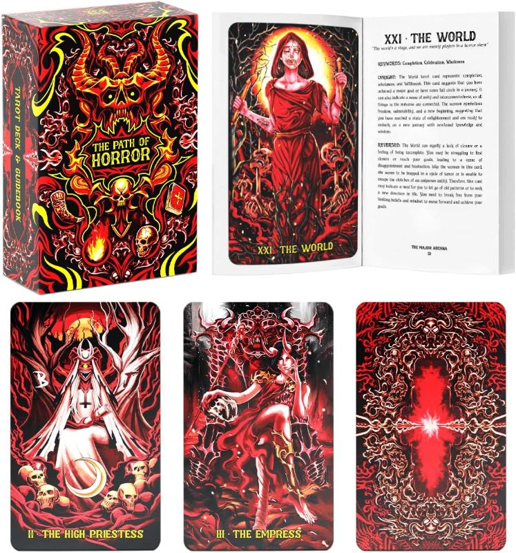 View 1 of 99FOX The Path of Horror Tarot Card Deck and Guidebook for Beginners Readers Creepy Themes Waterproof Cards Classic Pack Intuition Vintage Accessories Plastic Collection Design with Box