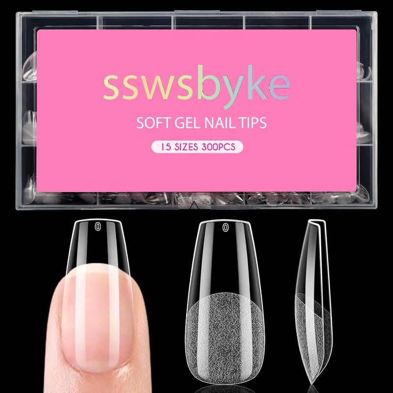 Photo 1 of Medium Coffin Nail Tips, SSWSBYKE 300pcs Soft Gel Nail Tips for Full Cover Pre-Shaped Acrylic Fake Nails Tips 15 Sizes Half Matte Press On Nails for Extension Home DIY Salon