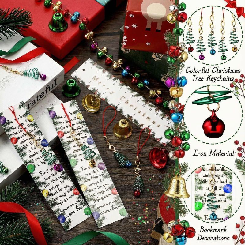 Photo 1 of 100 Sets Christmas Bookmark Gifts Bulk with Christmas Tree Keychains with Bells, Jingle Bells Bookmarks for Kids Students End of Year Party Favors, Stocking Stuffers, Classroom Gifts