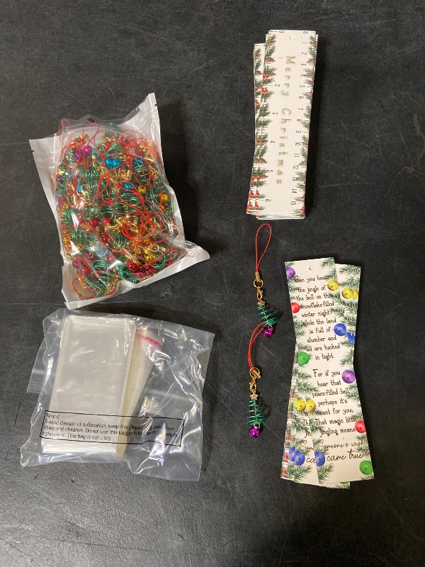 Photo 1 of 100 Sets Christmas Bookmark Gifts Bulk with Christmas Tree Keychains with Bells, Jingle Bells Bookmarks for Kids Students End of Year Party Favors, Stocking Stuffers, Classroom Gifts