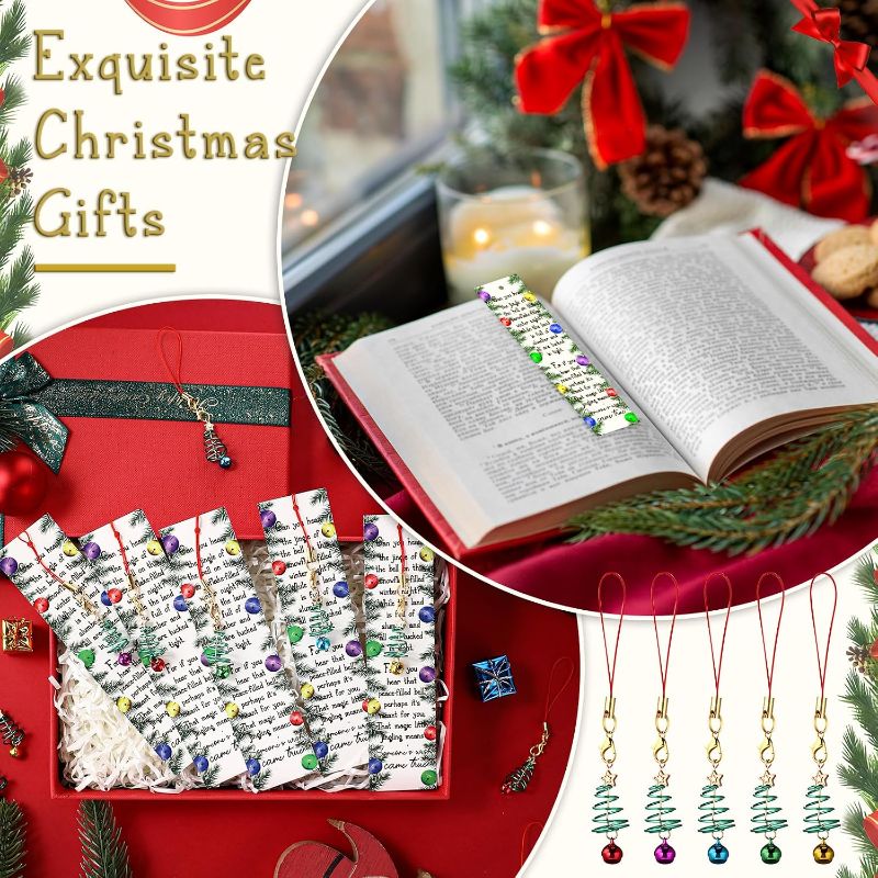 Photo 1 of 100 Sets Christmas Bookmark Gifts Bulk with Christmas Tree Keychains with Bells, Jingle Bells Bookmarks for Kids Students End of Year Party Favors, Stocking Stuffers, Classroom Gifts