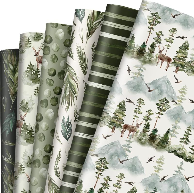 Photo 1 of AnyDesign 12 Sheets Forest Theme Wrapping Paper -Not Roll- Watercolor Green Tree Elk Gift Wrap Paper Folded Flat for Woodland Birthday Wedding Baby Shower DIY Crafts, 19.7 x 27.6 Inch