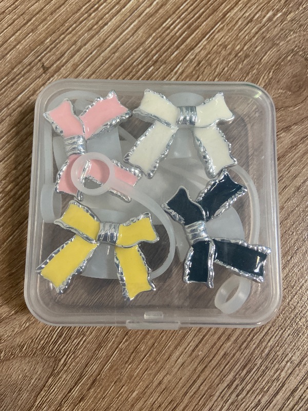 Photo 1 of Amreich Epoxy Bow Straw Toppers for Stanley Cups -4PCs Cute Straw Cover Caps Silicone Stanley Cup Accessories Compatible with 12 20 30 40 Oz Tumblers in Pink Black White Yellow with Storage Case