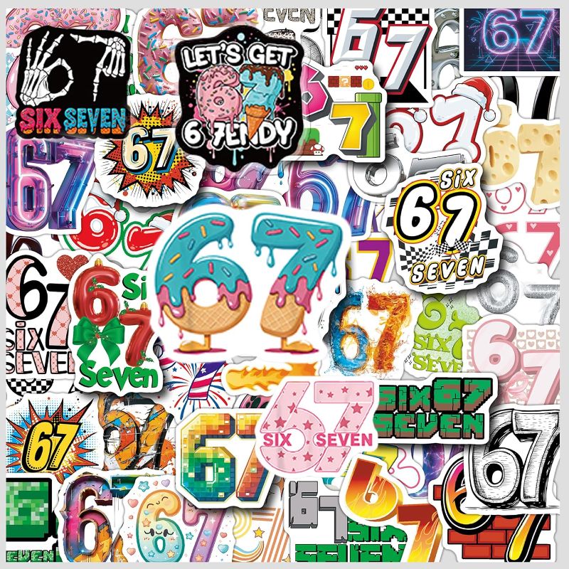 Photo 1 of 100Pcs Six Seven Stickers Pack Waterproof Vinyl Decals 67 Stickers for Laptop Skateboard Phone Guitar Travel Case Bike, Cartoon Style for Teenagers and Adults