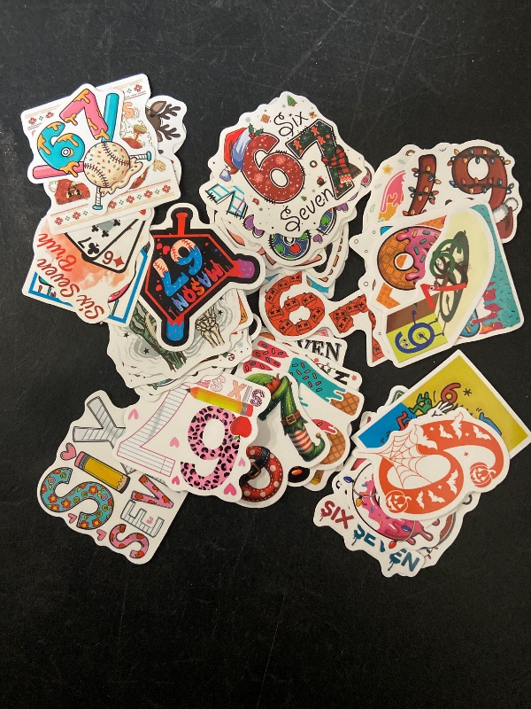 Photo 1 of 100Pcs Six Seven Stickers Pack Waterproof Vinyl Decals 67 Stickers for Laptop Skateboard Phone Guitar Travel Case Bike, Cartoon Style for Teenagers and Adults