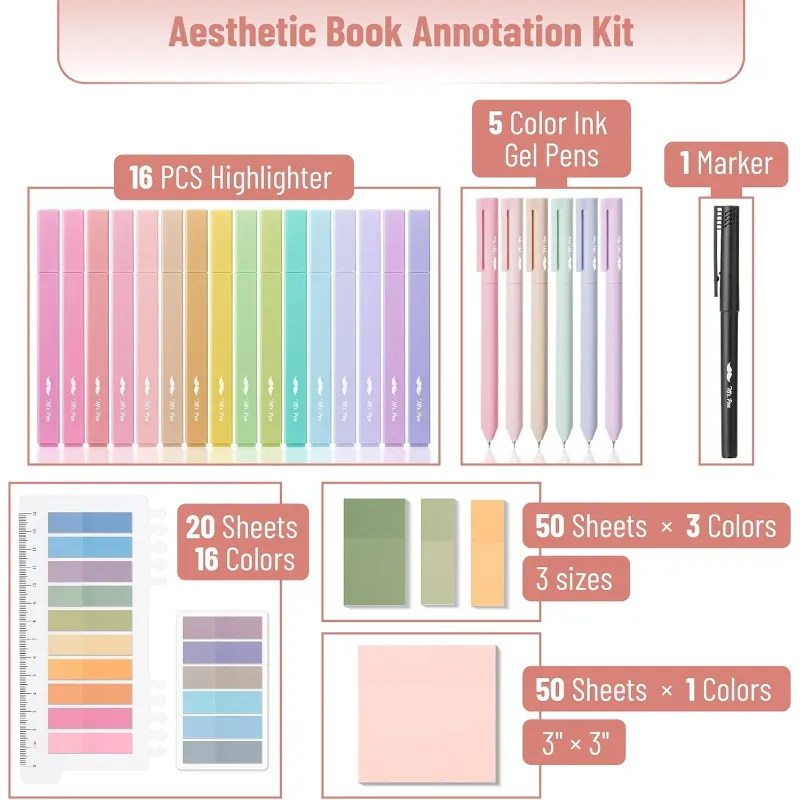 Photo 1 of Aesthetic Book Annotation Kit, 26 Pcs, Highlighters, Gel Pens & Sticky Notes Set
