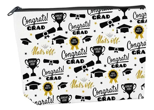 Photo 1 of graduation-themed makeup bag featuring a "Congrats Grad" pattern, 25cm long, 19cm wide, and 5cm high.