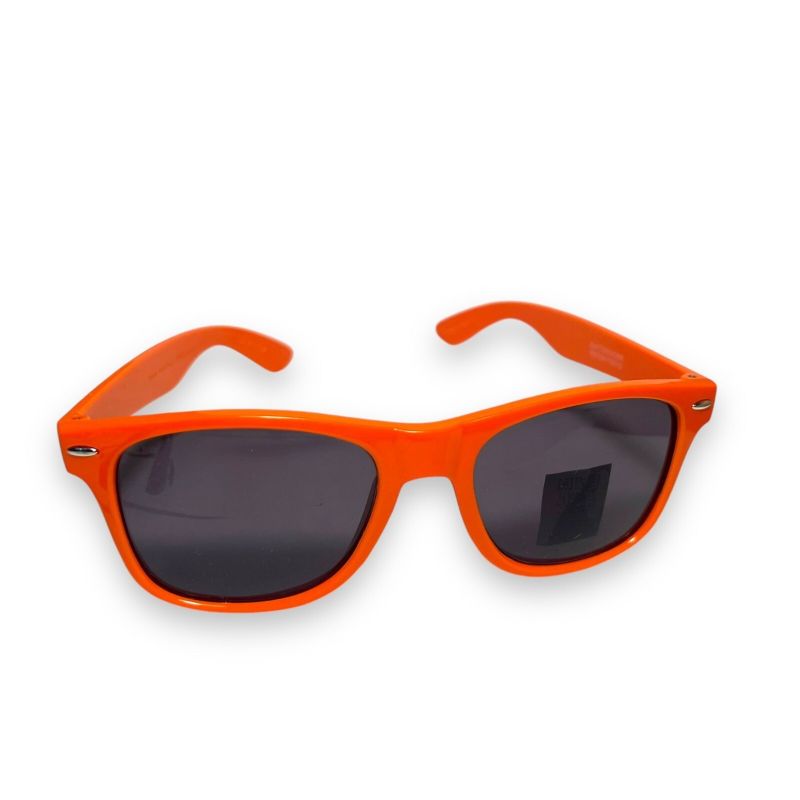 View 1 of bright orange, Wayfarer-style sunglasses feature dark lenses