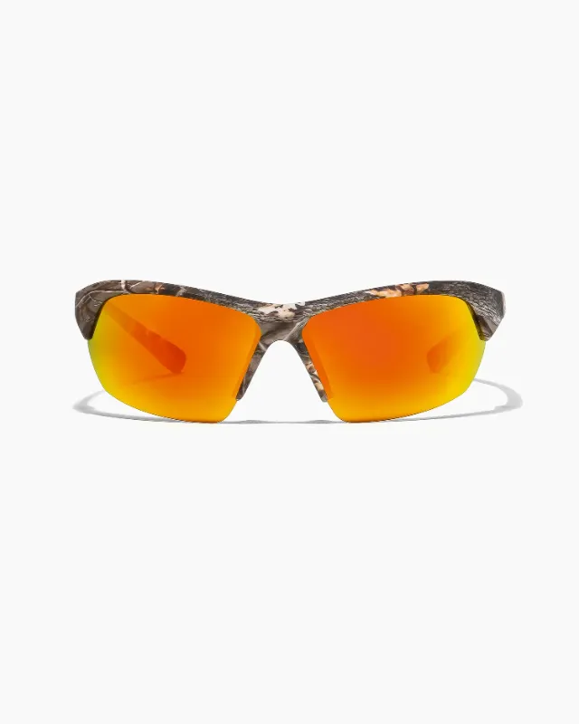 Photo 1 of sunglasses feature a camouflage frame and orange reflective lenses