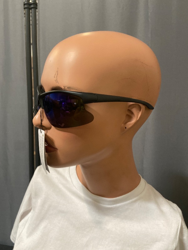View 2 of sport sunglasses feature a black semi-rimless frame and polarized blue mirror lenses.