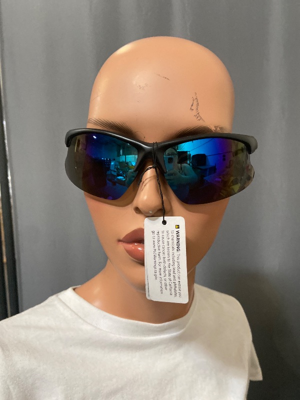 View 1 of sport sunglasses feature a black semi-rimless frame and polarized blue mirror lenses.