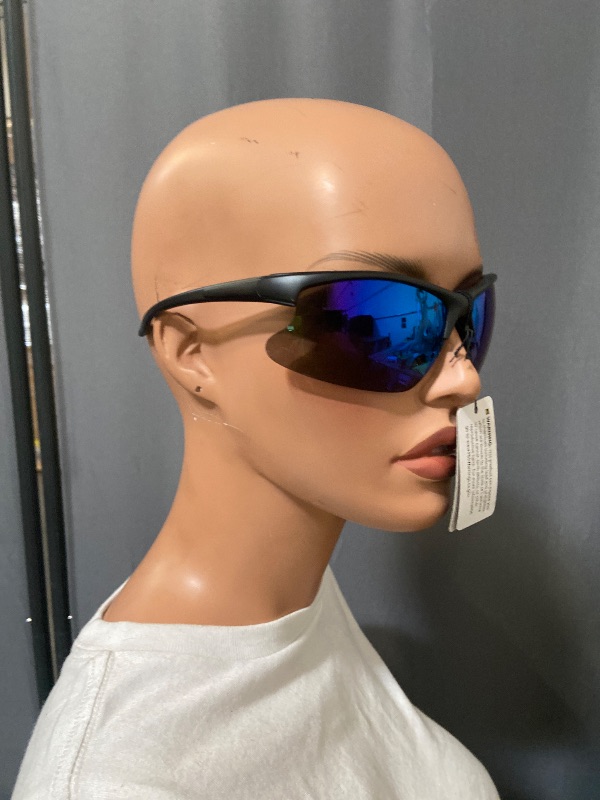 View 3 of sport sunglasses feature a black semi-rimless frame and polarized blue mirror lenses.
