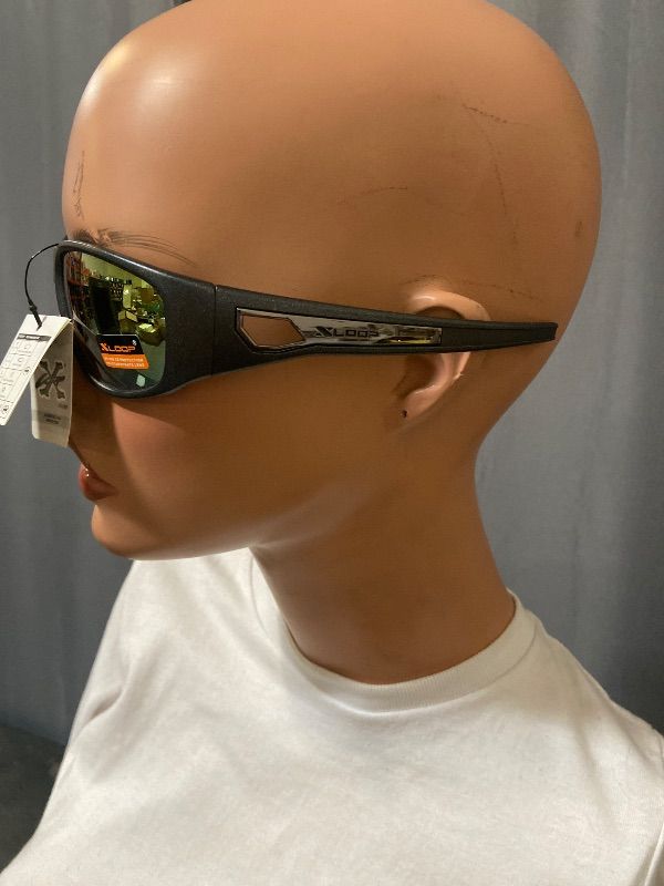 View 2 of X-Loop sports sunglasses feature a durable black frame and vibrant yellow mirrored lenses.