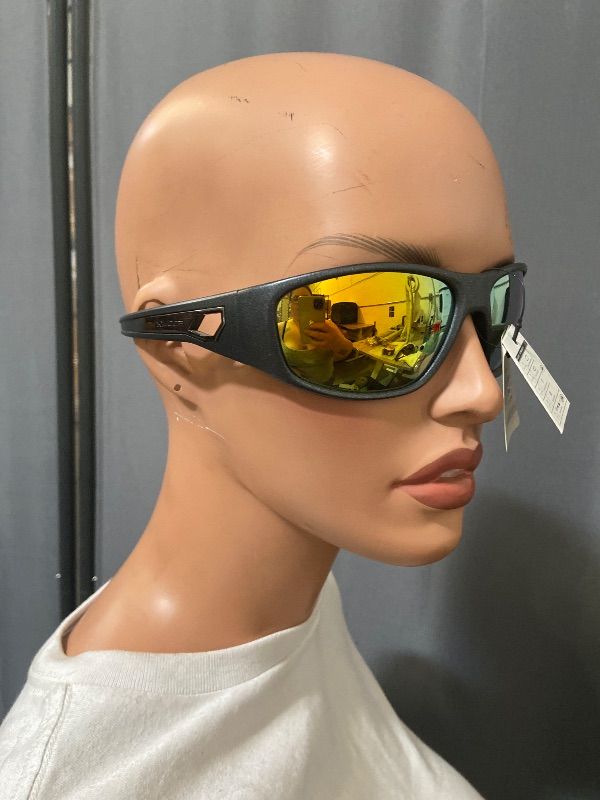 View 3 of X-Loop sports sunglasses feature a durable black frame and vibrant yellow mirrored lenses.