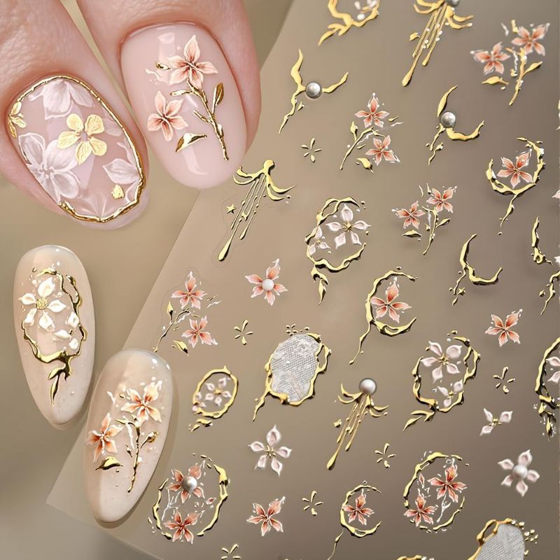 Photo 1 of Flower Nail Stickers Gold Nail Sticker for Nail Art 5D Embossed Nail Decals with Pearl Design Summer Spring Nail Supplies Self-Adhesive Fingernail Sticker Nails for Women Manicure Floral Decals