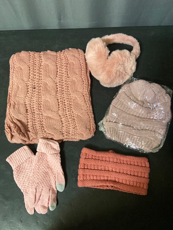 Photo 1 of 5pc Winter Hat Gloves Earmuffs Set Including Beanie Winter Hat, Touch Screen Mittens, Neck Warmer, Outdoor Earmuffs, and Headbands for women and girls -  Pink