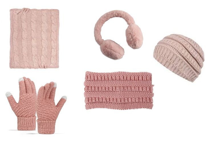 Photo 1 of 5pc Winter Hat Gloves Earmuffs Set Including Beanie Winter Hat, Touch Screen Mittens, Neck Warmer, Outdoor Earmuffs, and Headbands for women and girls -  Pink