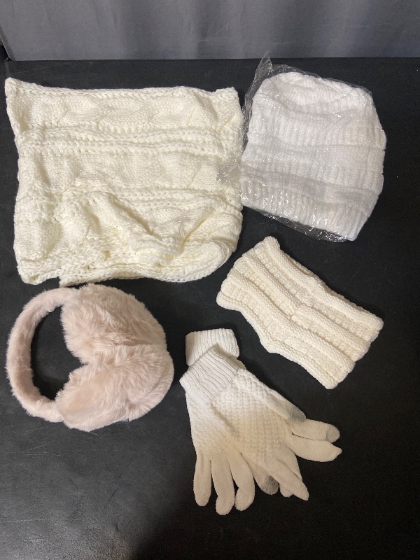 Photo 1 of 5pc Winter Hat Gloves Earmuffs Set Including Beanie Winter Hat, Touch Screen Mittens, Neck Warmer, Outdoor Earmuffs, and Headbands for women and girls -  Cream
