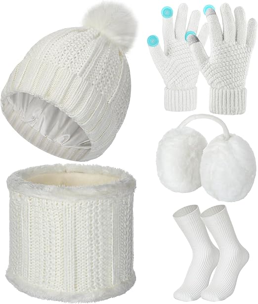 Photo 1 of 5pc Winter Hat Gloves Earmuffs Set Including Beanie Winter Hat, Touch Screen Mittens, Neck Warmer, Outdoor Earmuffs, and Headbands for women and girls -  Cream