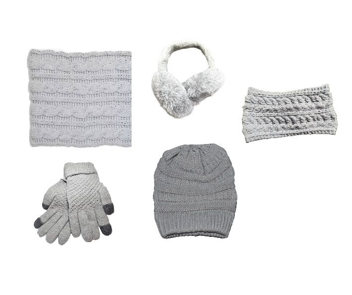 Photo 1 of 5pc Winter Hat Gloves Earmuffs Set Including Beanie Winter Hat, Touch Screen Mittens, Neck Warmer, Outdoor Earmuffs, and Headbands for women and girls -  Grey