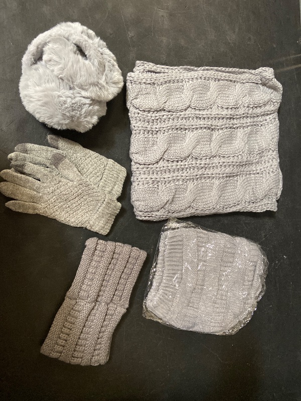 Photo 1 of 5pc Winter Hat Gloves Earmuffs Set Including Beanie Winter Hat, Touch Screen Mittens, Neck Warmer, Outdoor Earmuffs, and Headbands for women and girls -  Grey