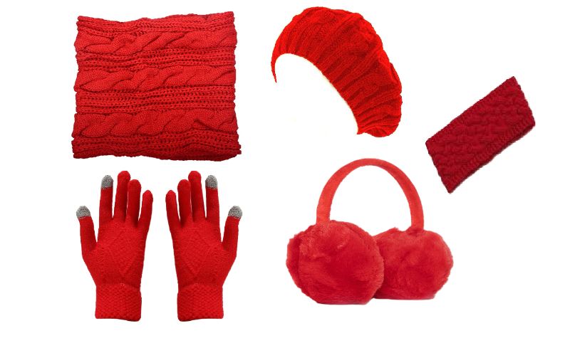 Photo 1 of 5pc Winter Hat Gloves Earmuffs Set Including Beanie Winter Hat, Touch Screen Mittens, Neck Warmer, Outdoor Earmuffs, and Headbands for women and girls - red