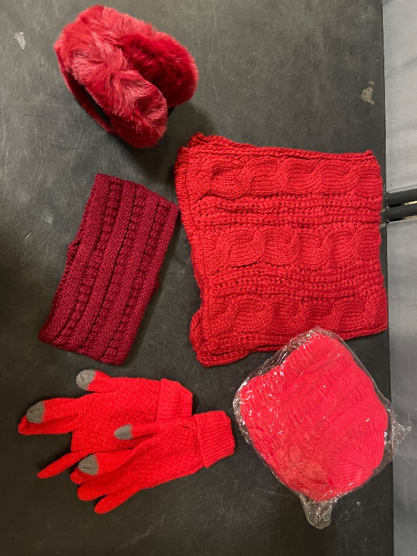 Photo 1 of 5pc Winter Hat Gloves Earmuffs Set Including Beanie Winter Hat, Touch Screen Mittens, Neck Warmer, Outdoor Earmuffs, and Headbands for women and girls - red
