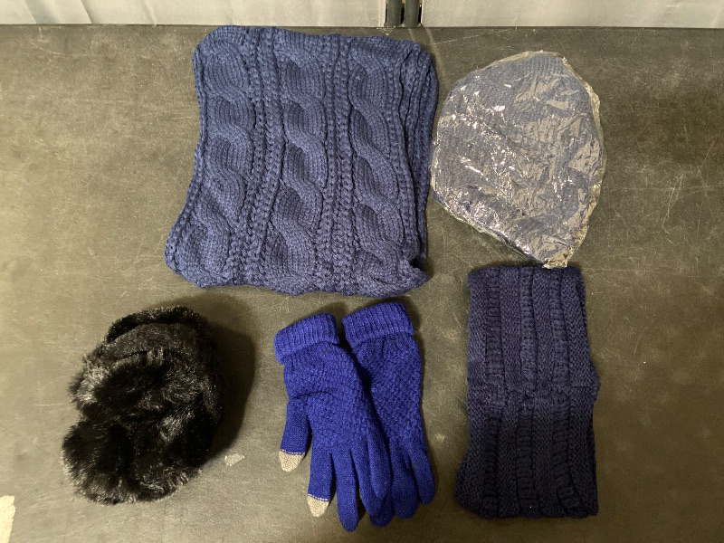 Photo 1 of 5pc Winter Hat Gloves Earmuffs Set Including Beanie Winter Hat, Touch Screen Mittens, Neck Warmer, Outdoor Earmuffs, and Headbands for women and girls - Navy