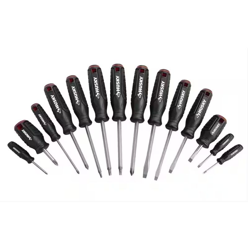 Photo 1 of 14-piece Husky screwdriver set featuring dual-material handles and magnetic tips.