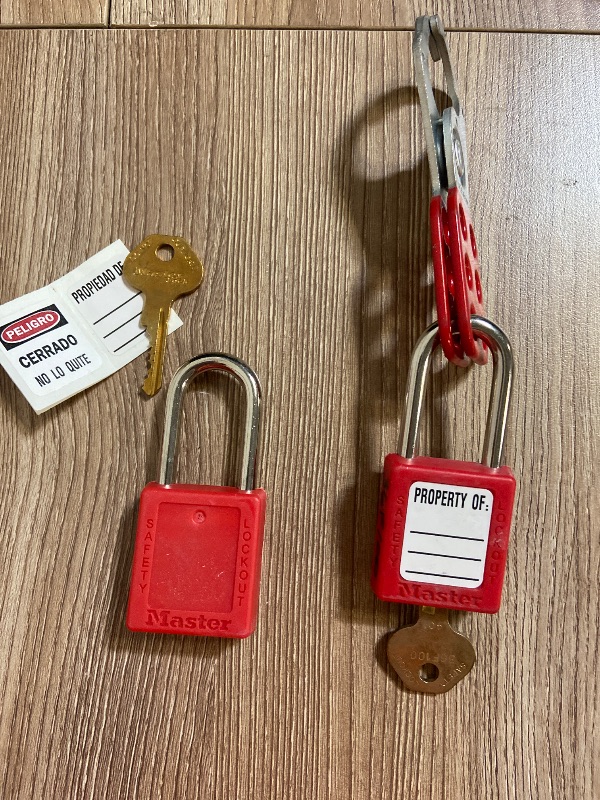 Photo 1 of 2pk Master Lock Red Lockout Tagout Safety Padlock with Key, Metal Shackle and Non-Conductive Lock Body for Electrical Applications, 410RED