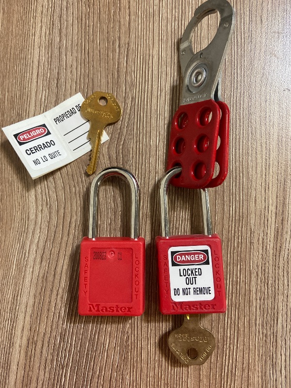 Photo 1 of 2pk Master Lock Red Lockout Tagout Safety Padlock with Key, Metal Shackle and Non-Conductive Lock Body for Electrical Applications, 410RED