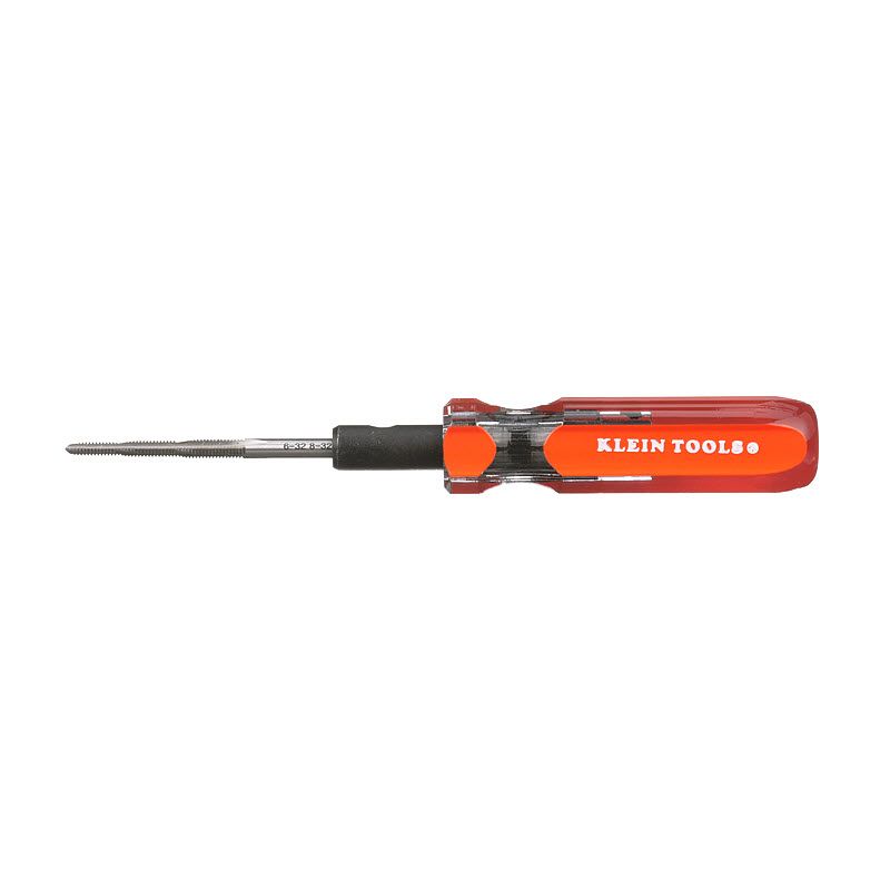 Photo 1 of Klein Tools Triple Tap Tool (Model 625-32), featuring an orange cushion-grip handle and a reversible/replaceable metal tap blade. It is designed for electrical and mechanical work to clean, form, or re-thread screw holes